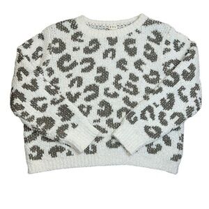 EUC POL by Anthropologie Chenille Leopard Print Crew Sweater Large Olive Ivory
